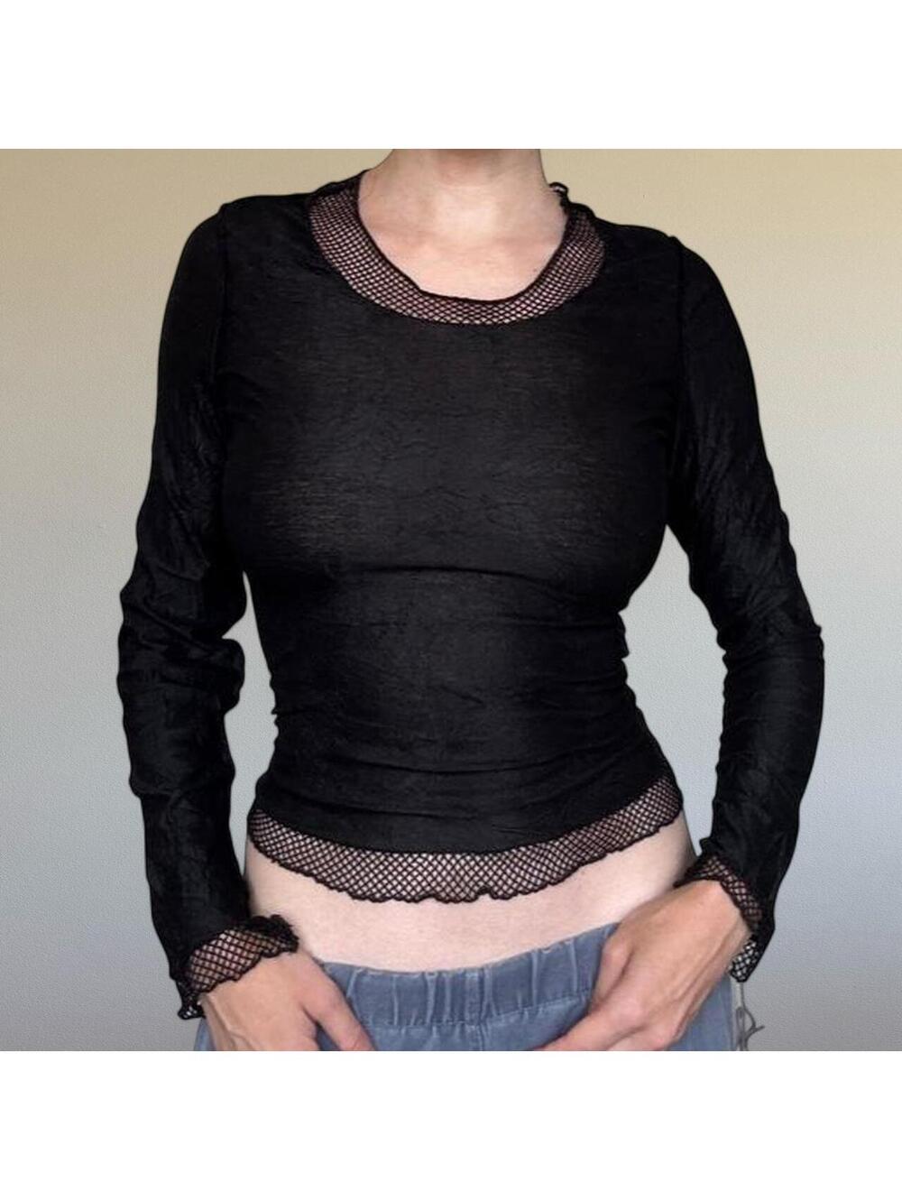 Y2K black long sleeve with mesh trim. Size S/M.
